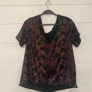 Sanctuary Black and Multicolor Sequin Short Sleeve Top